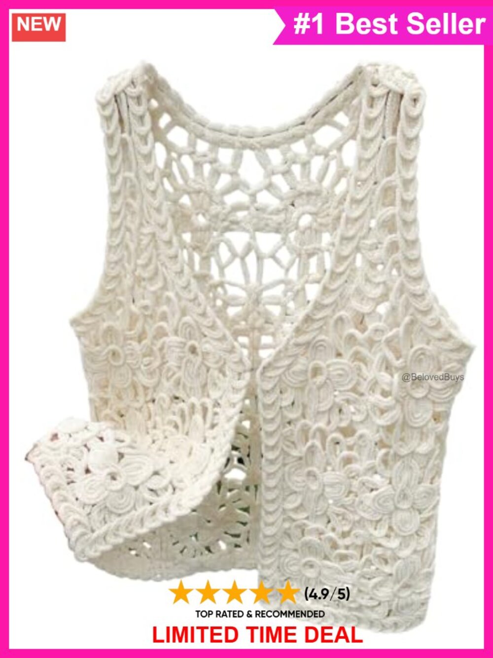 Boho Crochet Knit Sleeveless Sweater Vest V-Neck Open Front Summer Top